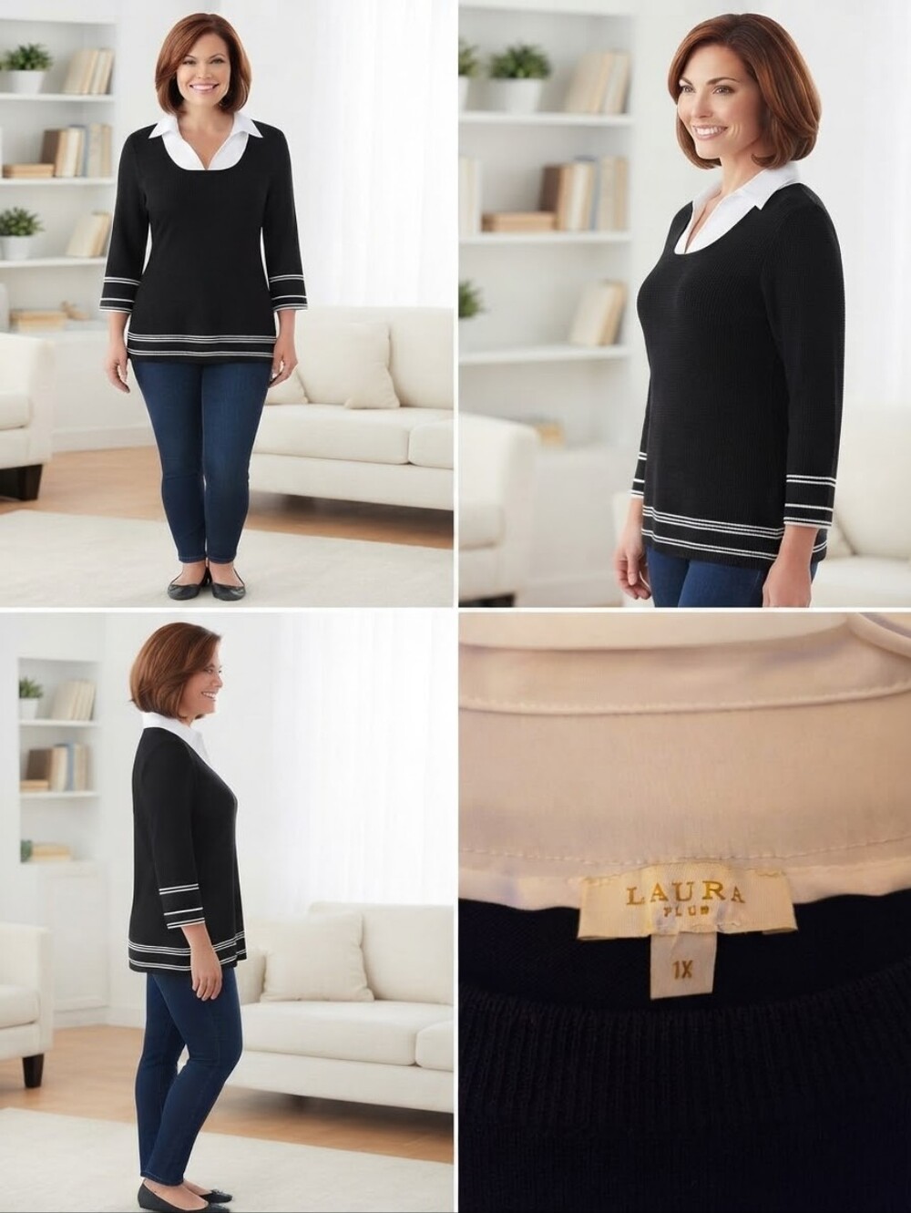 Laura Plus Black White Layered Collar Sweater Tunic Top Size 1X